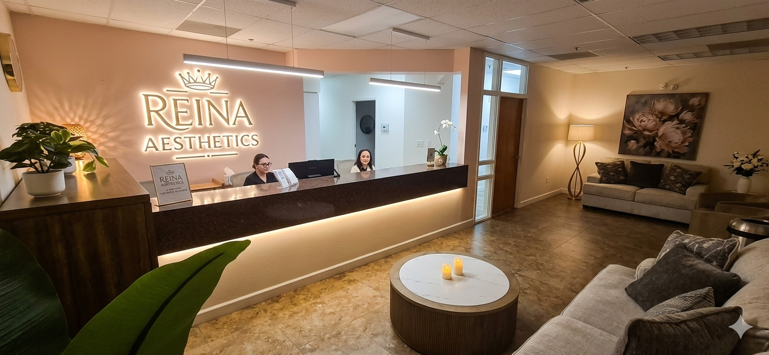 Reina Aesthetics medical aesthetics clinic interior — reception in Bakersfield, CA